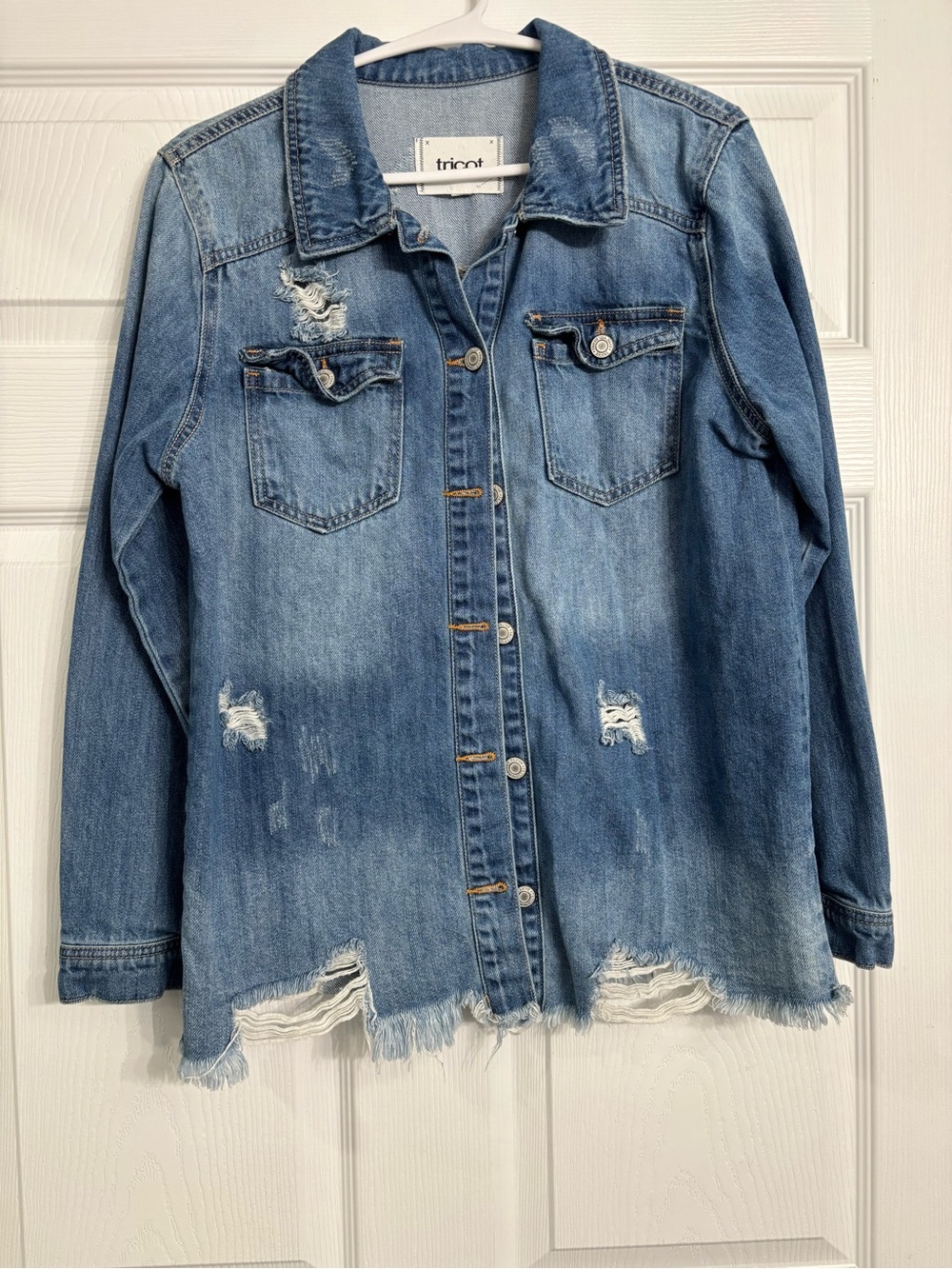 Tricot Distressed Blue Denim Jacket for Women